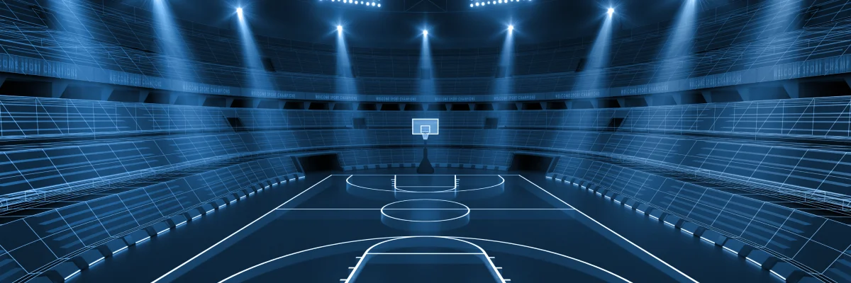 NBA basketball court scene with crypto betting odds overlay on screen